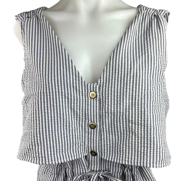 Zara Womens Blue Striped V-Neck Sleeveless Drawstring One-Piece Jumpsuit Sz M - Picture 4 of 6